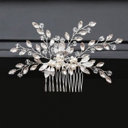 6 Sprig Crystal Pearl and Silver Leaf Comb